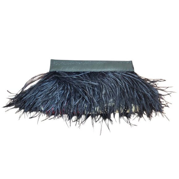 Black Leather Feather Clutch Bag Genuine Leather Evening Purse Boho Chic Handbag - Picture 5 of 14